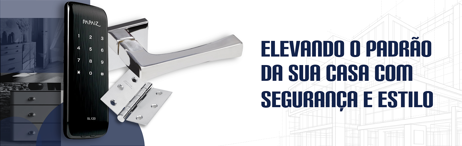 Fechadura digital com teclado, maçaneta cromada e dobradiça